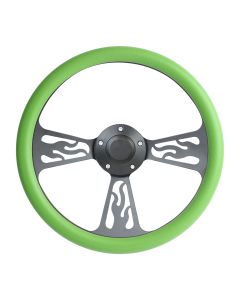 Forever Sharp 14 Inch Black Flame Steering Wheel With Green Half Wrap Grip 1097-GR, Main Image