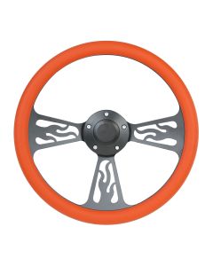 Forever Sharp ® - 14 Inch Black Flame Steering Wheel With Orange Half Wrap Grip (1097-O)