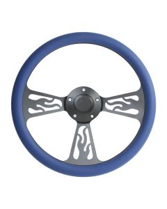 Forever Sharp ® - 14 Inch Black Flame Steering Wheel With Royal Blue Half Wrap Grip (1097-RB)
