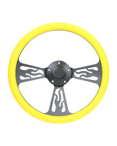Forever Sharp ® - 14 Inch Black Flame Steering Wheel With Yellow Half Wrap Grip (1097-Y)