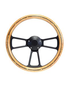 Forever Sharp - 14 Inch Black Muscle Steering Wheel With Oak And Brass Rivets And Center Burn Half Wrap Grip 1099-HW14UORB - Main Image