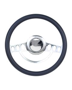 Forever Sharp ® - 14 Inch Chrome Nostalgia Steering Wheel With Navy Blue Half Wrap Grip (1004-NB)
