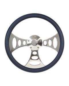 Forever Sharp ® - 14 Inch Polished Chopper Lakester Steering Wheel With Navy Blue Half Wrap Grip (8007-NB)