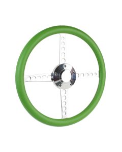 Forever Sharp 14 Inch Polished Circle Roadster Lakester Steering Wheel With Green Half Wrap Grip 8001-GR, Main Image
