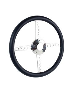 Forever Sharp ® - 14 Inch Polished Circle Roadster Lakester Steering Wheel With Navy Blue Half Wrap Grip (8001-NB)