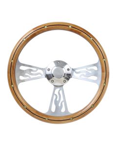 Forever Sharp ® - 14 Inch Polished Flame Steering Wheel With Alder And Rivets And Center Burn Half Wrap Grip (1096-UARB)