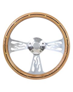 Forever Sharp ® - 14 Inch Polished Flame Steering Wheel With Oak And Rivets And Center Burn Half Wrap Grip (1096-HW14UORB), Main Image