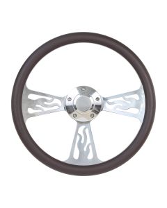 Forever Sharp ® - 14 Inch Polished Flame Steering Wheel With Brown Half Wrap Grip (1096-BR)