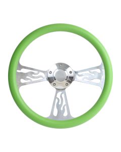 Forever Sharp 14 Inch Polished Flame Steering Wheel With Green Half Wrap Grip 1096-GR, Main Image