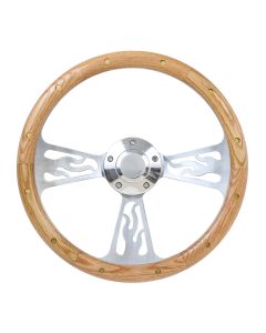Forever Sharp ® - 14 Inch Polished Flame Steering Wheel With Oak And Rivets Half Wrap Grip (1096-UOR)
