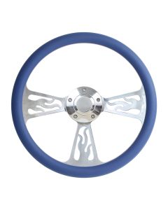 Forever Sharp ® - 14 Inch Polished Flame Steering Wheel With Royal Blue Half Wrap Grip (1096-RB)
