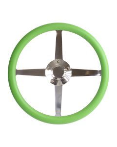 Forever Sharp 14 Inch Polished Roadster Lakester Steering Wheel With Green Half Wrap Grip 8004-GR, Main Image