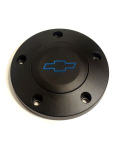 Forever Sharp ® - Black Powder Coated Horn With Blue Chevy Engraving For 5 Hole Wheels (HB5-CHEVYBLUE)