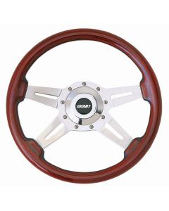 Grant ® - 14 Inch Mahogany Wood Le Mans Steering Wheel with Polished Aluminum Slotted Cut Out Spoke and Horn Button (1071)