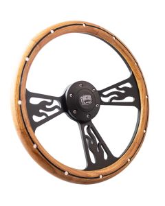 Forever Sharp ® - 14 Inch Black Flame Steering Wheel With Oak And Aluminum Rivets And Center Burn Half Wrap Grip (1097-HW14UORBA), Main Image