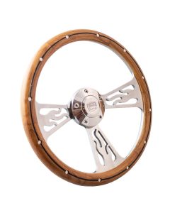 Forever Sharp ® - 14 Inch Polished Flame Steering Wheel With Oak And Aluminum Rivets And Center Burn Half Wrap Grip (1096-HW14UORBA), Main Image