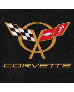 Lloyd Mats ® - Velourtex Black 3PC Floor Mats For Corvette Convertible with Gold C5 Flags and Corvette Lettering on Black Applique