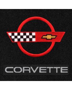 Lloyd Mats ® - Velourtex Black 3PC Floor Mats For Corvette Convertible with Red C4 Flag and Silver Corvette Lettering Applique
