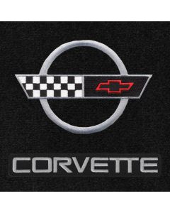 Lloyd Mats ® - Velourtex Black 3PC Floor Mats For Corvette Convertible with Silver C4 Flag and Corvette Lettering Applique