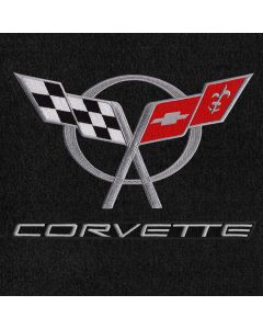 Lloyd Mats ® - Velourtex Black 3PC Floor Mats For Corvette Convertible with Silver C5 Flags and Corvette Lettering on Black Applique