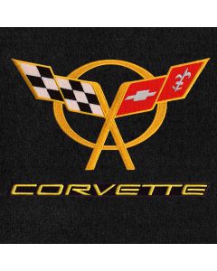 Lloyd Mats ® - Velourtex Black 3PC Floor Mats For Corvette Convertible with Yellow C5 Flags and Corvette Lettering on Black Applique