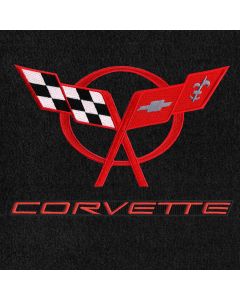 Lloyd Mats ® - Velourtex Black 3PC Floor Mats For Corvette Coupe with Red C5 Flags and Corvette Lettering on Black Applique