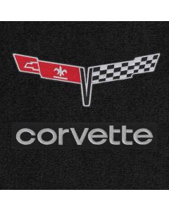 Lloyd Mats ® - Velourtex black Front Floor Mats For Corvette C3 with Corvette Cross Flags and Lettering on Black Applique