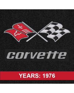 Lloyd Mats ® - Velourtex Black Front Floor Mats For Corvette C3 with Corvette Cross Flags and Lettering on Black Applique