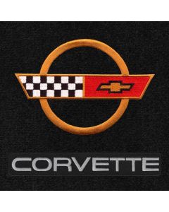 Lloyd Mats ® - Velourtex black Small Deck Mat For Corvette Convertible with Gold C4 Flag and Silver Corvette Lettering Applique