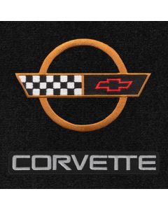 Lloyd Mats ® - Velourtex Black Small Deck Mat For Corvette Convertible with Gold C4 Flag and Silver Corvette Lettering Applique