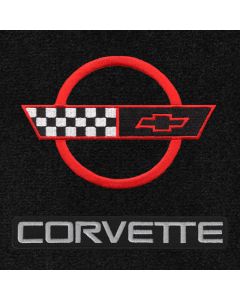 Lloyd Mats ® - Velourtex Black Small Deck Mat For Corvette Convertible with Red C4 Flag and Silver Corvette Lettering Applique