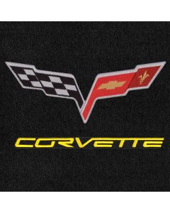 Lloyd Mats ® - Velourtex Ebony 3PC Floor Mats For Corvette Convertible with C6 Flags and Yellow Corvette Lettering on Black Applique