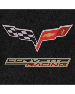Lloyd Mats ® - Velourtex Ebony Front Floor Mats For Corvette with C6 Flags and Corvette Racing on Beige Applique