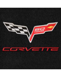 Lloyd Mats ® - Velourtex Ebony Standard Deck Mat For Corvette Convertible with 60th Anniversary Flags and Red Corvette Applique