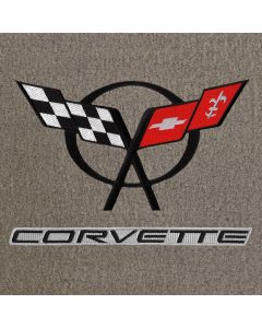Lloyd Mats ® - Velourtex Grey 3PC Floor Mats For Corvette Convertible with Black C5 Flags and Corvette Lettering on Silver Applique