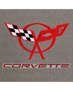 Lloyd Mats ® - Velourtex Grey 3PC Floor Mats For Corvette Convertible with Red C5 Flags and Corvette Lettering on Silver Applique