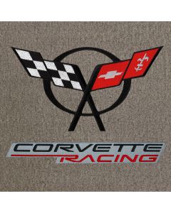 Lloyd Mats ® - Velourtex Grey Front Floor Mats For Corvette with Black C5 Flag and Corvette Racing on Silver Applique