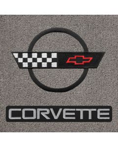 Lloyd Mats ® - Velourtex Grey Small Deck Mat For Corvette Convertible with Black C4 Flag and Silver Corvette Lettering Applique