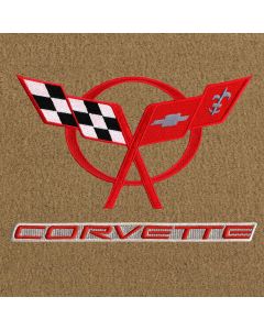 Lloyd Mats ® - Velourtex Tan 3PC Floor Mats For Corvette Convertible with Red C5 Flags and Corvette Lettering on Beige Applique