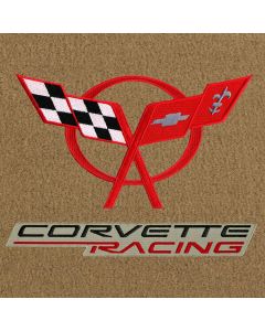 Lloyd Mats ® - Velourtex Tan Standard Deck Mat For Corvette Coupe with Red C5 Flag and Corvette Racing on Beige Applique