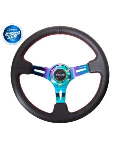 NRG ® - Black Leather Steering Wheel 3 Inch Deep with Red Stitch And Neochrome Spokes (ST-055R-MCRS)
