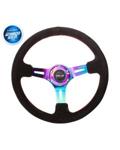 NRG ® - Black Suede Steering Wheel 3 Inch Deep with Red Stitch and Neochrome Spokes (ST-055S-MCRS)