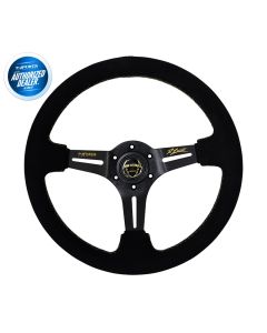 NRG ® - Black Suede Steering Wheel 350mm 3" Deep Brush Alum. Spokes W/ Ryan Literal Signature & Horn & Gold Stitching (ST-018S-RL)