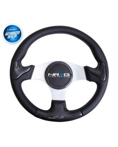 NRG ® - Carbon Fiber Steering Wheel Silver Frame with Black Stitching and Rubber Cover Horn Button (ST-014CFSL)