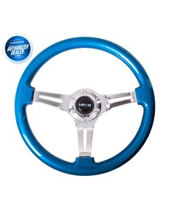 NRG ® - Classic Blue Pearl Wood Grain Steering Wheel with 3 Chrome Spokes (ST-015CH-BL)