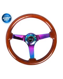 NRG ® - Classic Dark Wood Grain Steering Wheel 3 Inch Deep with 3 NeoChrome Spoke Center (ST-036BR-MC)