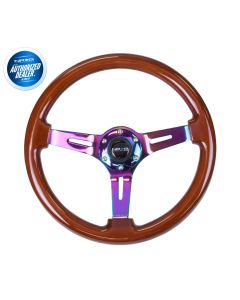 NRG ® - Classic Dark Wood Grain Steering Wheel 3 Inch Deep with 3 NeoChrome Spoke Center (ST-055BR-MC)