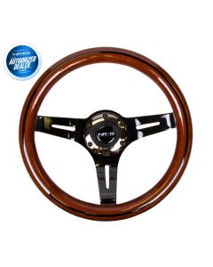 NRG ® - Classic Dark Wood Grain Steering Wheel with Black Line Inlay and 3 Black Chrome Spokes (ST-310BRB-BK)