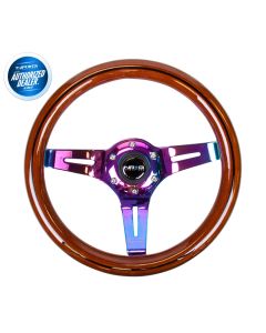 NRG ® - Classic Dark Wood Grain Steering Wheel with Black Line Inlay and 3 NeoChrome Spokes (ST-310BRB-MC)
