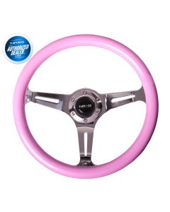NRG ® - Classic Pink Wood Grain Steering Wheel with 3 Chrome Spokes (ST-015CH-PK)